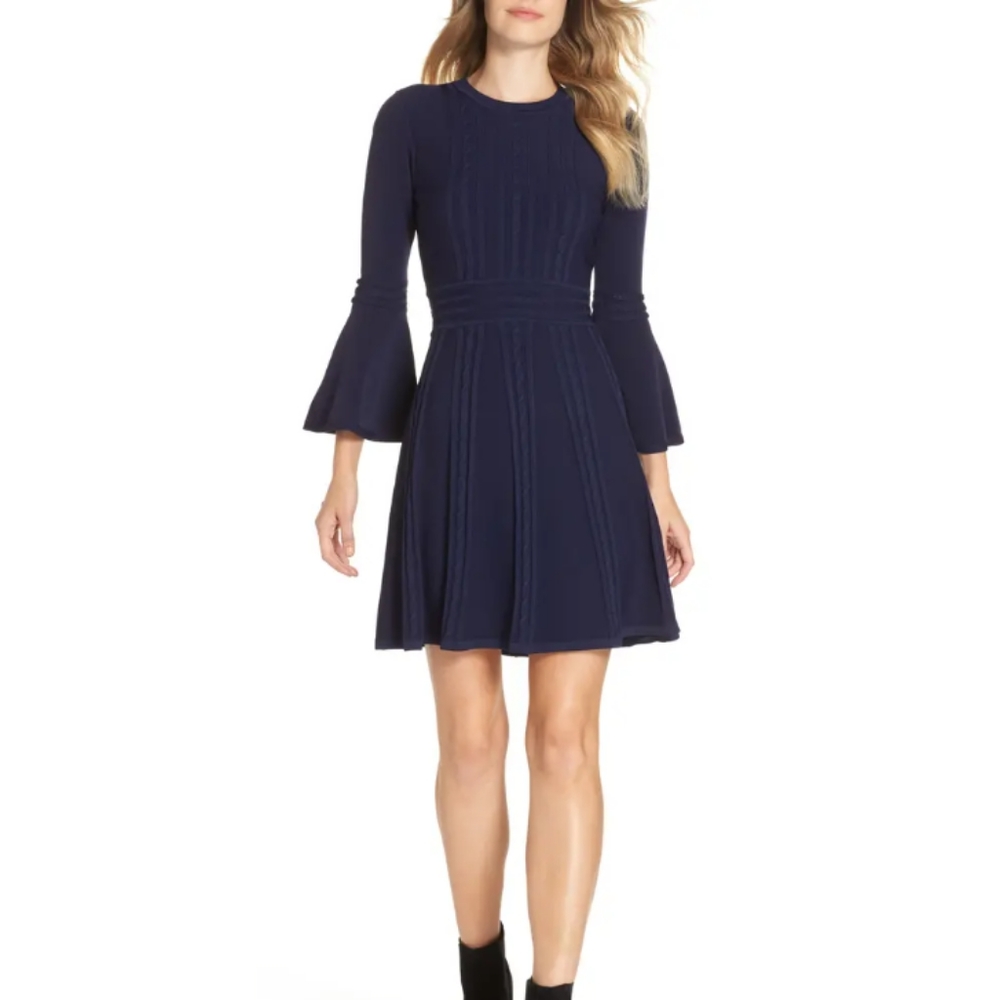 Eliza J Bell Sleeve Fit & Flare Sweater Dress Navy